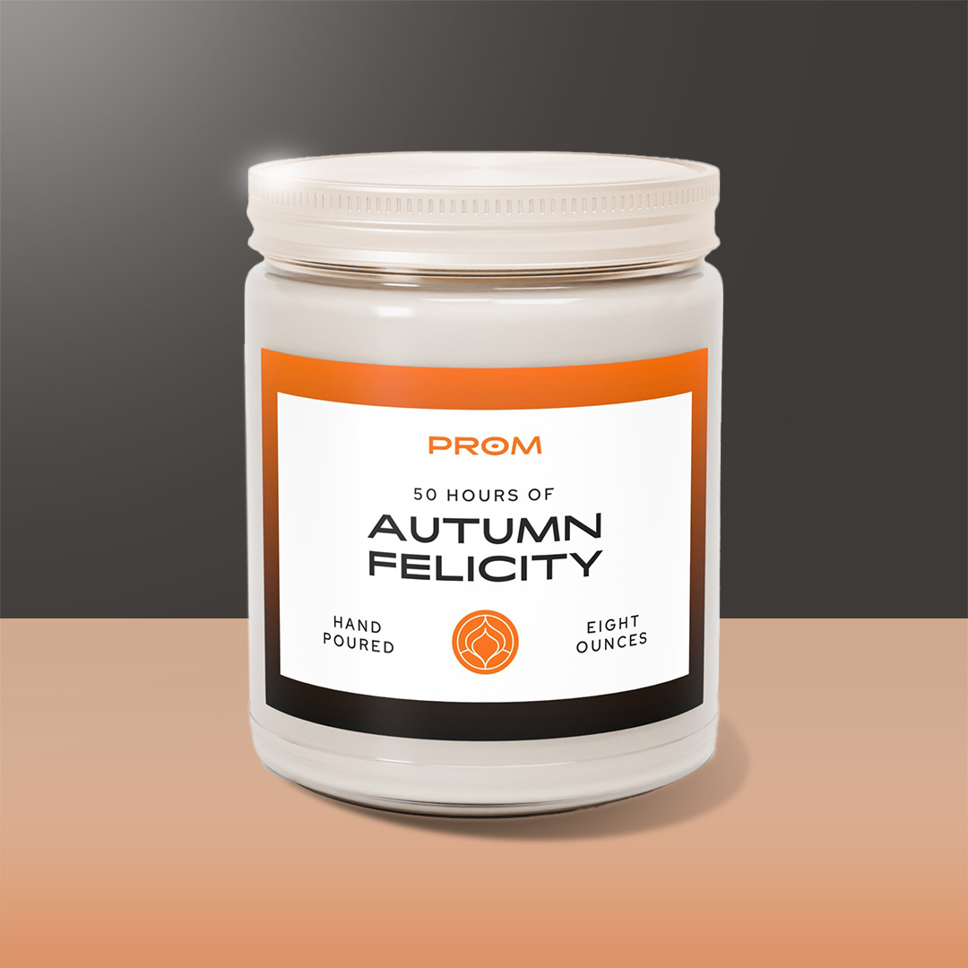 Closed jar of PROM scented-candle. Autumn Felicity fragrance