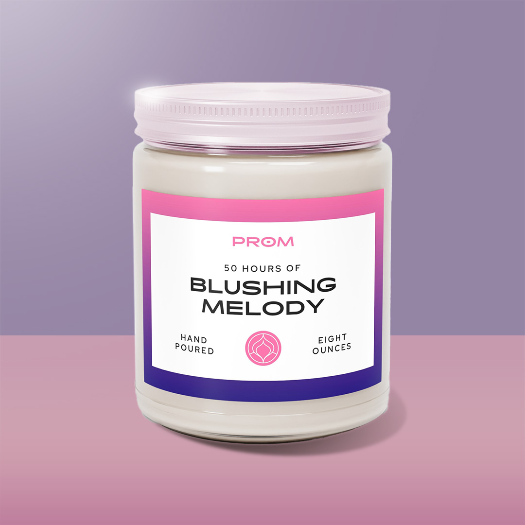 Closed jar of PROM scented-candle. Blushing Melody fragrance